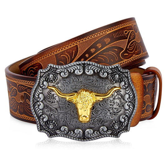 Longhorn Buckle Cowboy Belt Brown