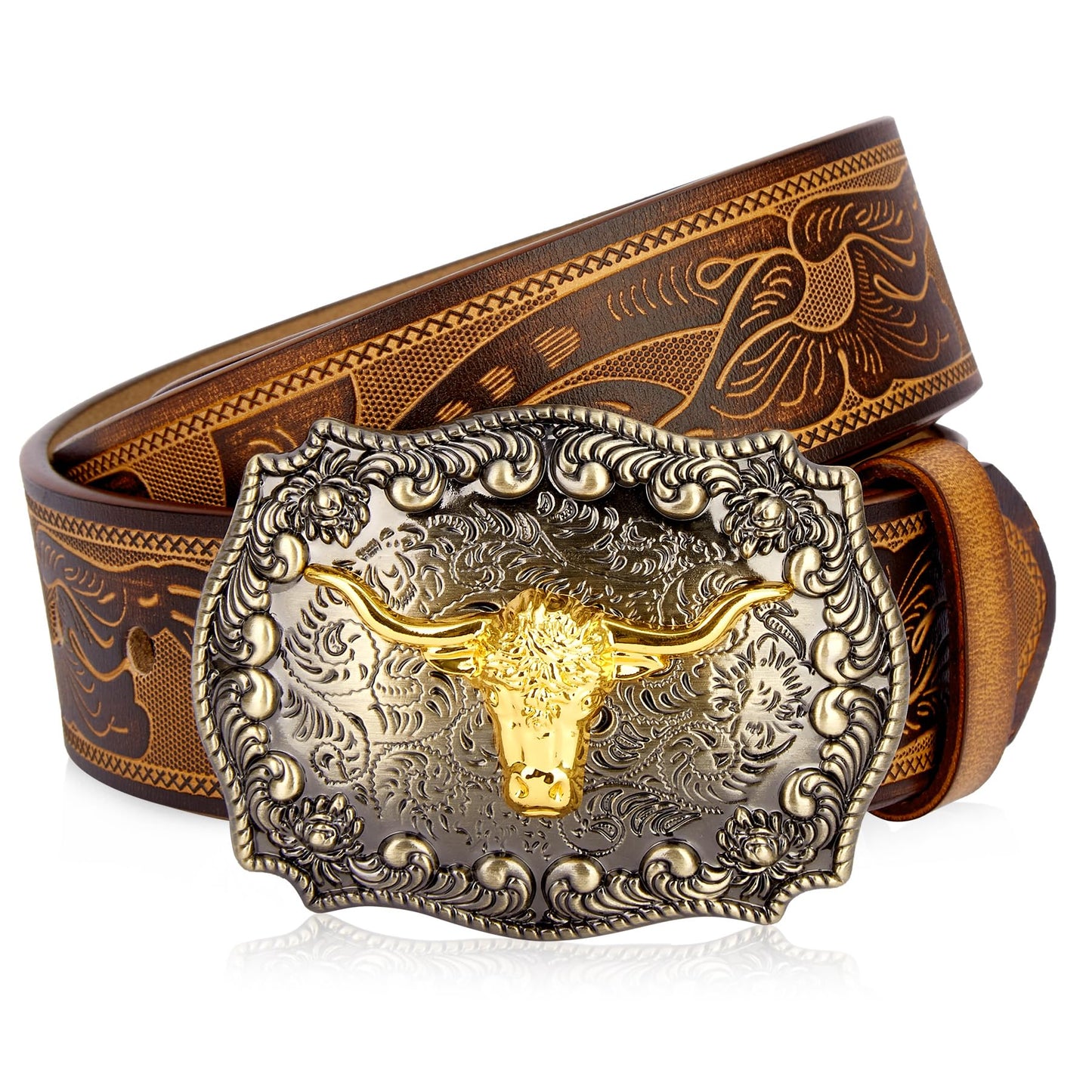 Longhorn Buckle Cowboy Belt Brown