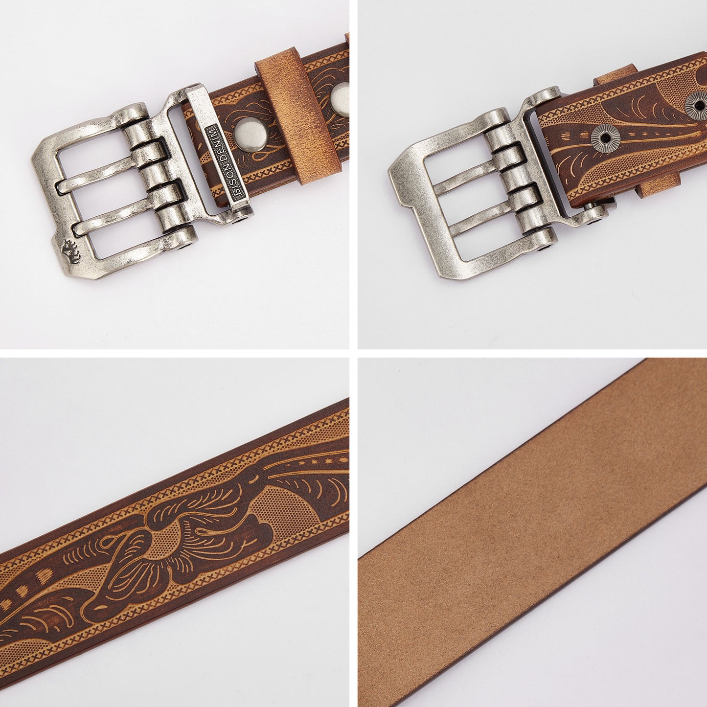Double Prong Flora Embossed Leather Belt Brown