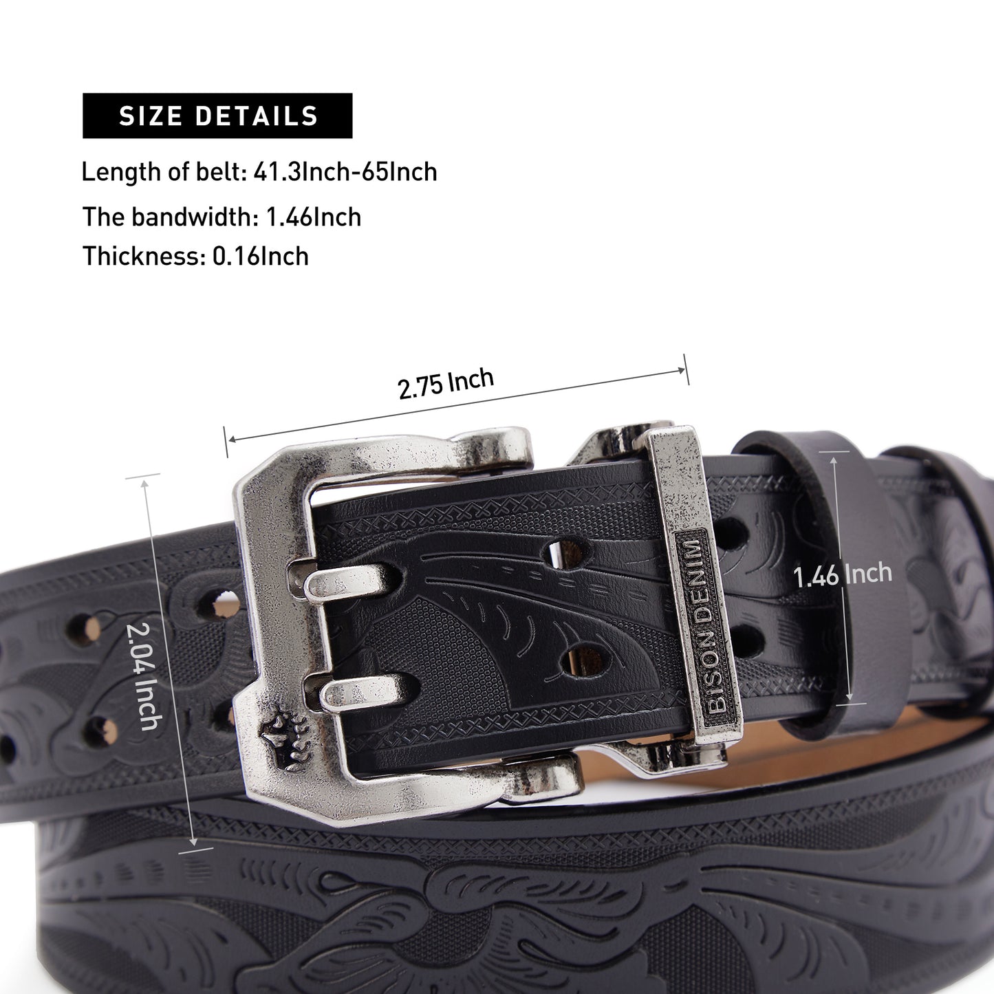 Double Prong Flora Embossed Leather Belt Black