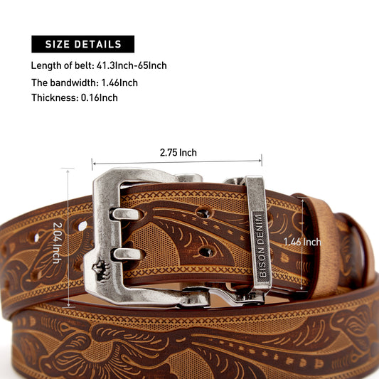 Double Prong Flora Embossed Leather Belt Brown